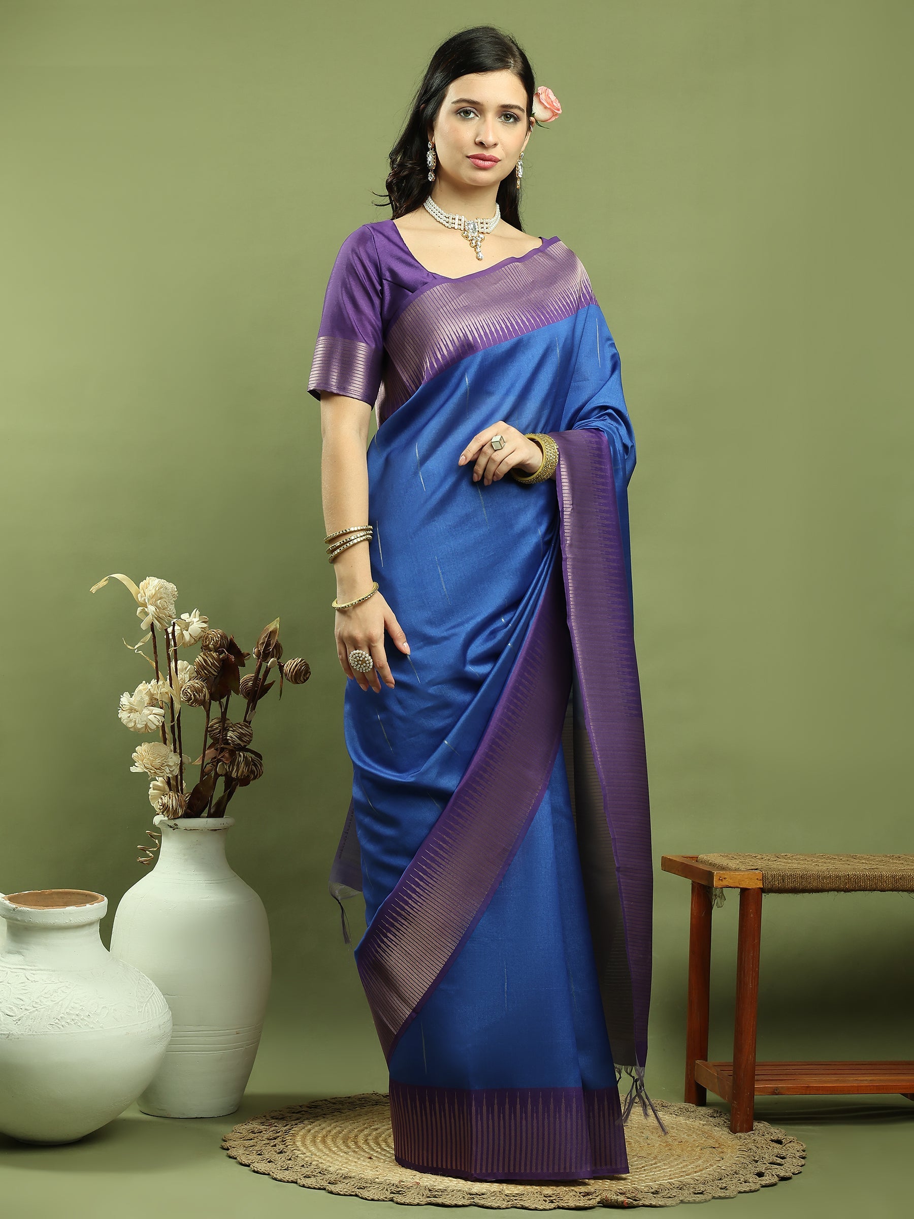Jyoti Fashion Women's Blue Silk Blend Ikat Jari Weaving Pattern with Jari Border Saree with Blouse | Grocsy