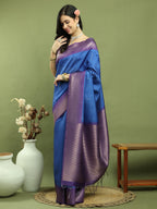 Jyoti Fashion Women's Blue Silk Blend Ikat Jari Weaving Pattern with Jari Border Saree with Blouse | Grocsy