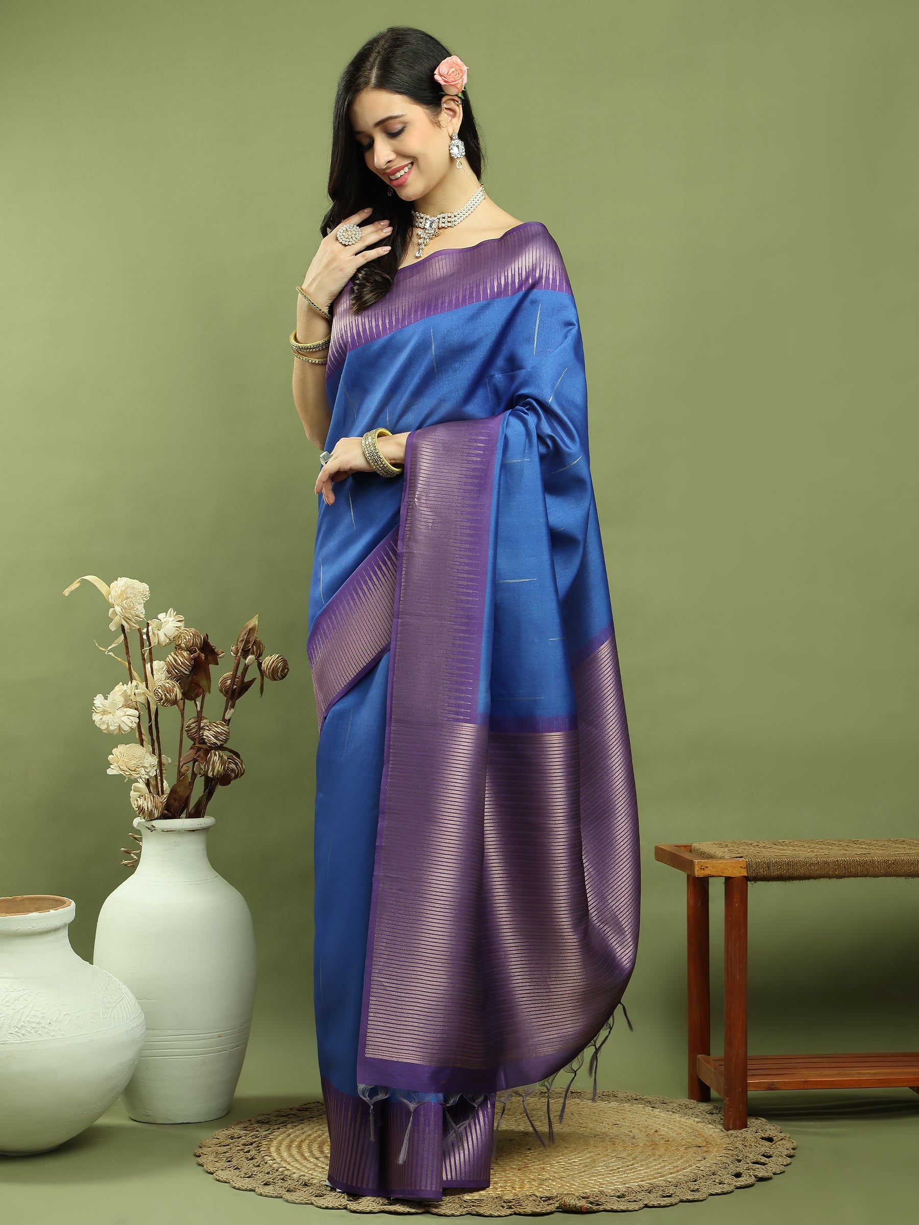 Jyoti Fashion Women's Blue Silk Blend Ikat Jari Weaving Pattern with Jari Border Saree with Blouse | Grocsy