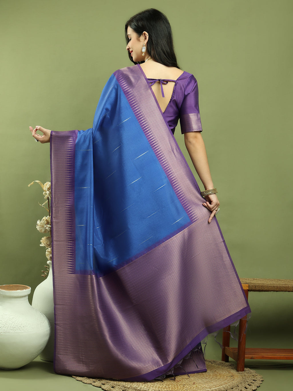 Jyoti Fashion Women's Blue Silk Blend Ikat Jari Weaving Pattern with Jari Border Saree with Blouse | Grocsy