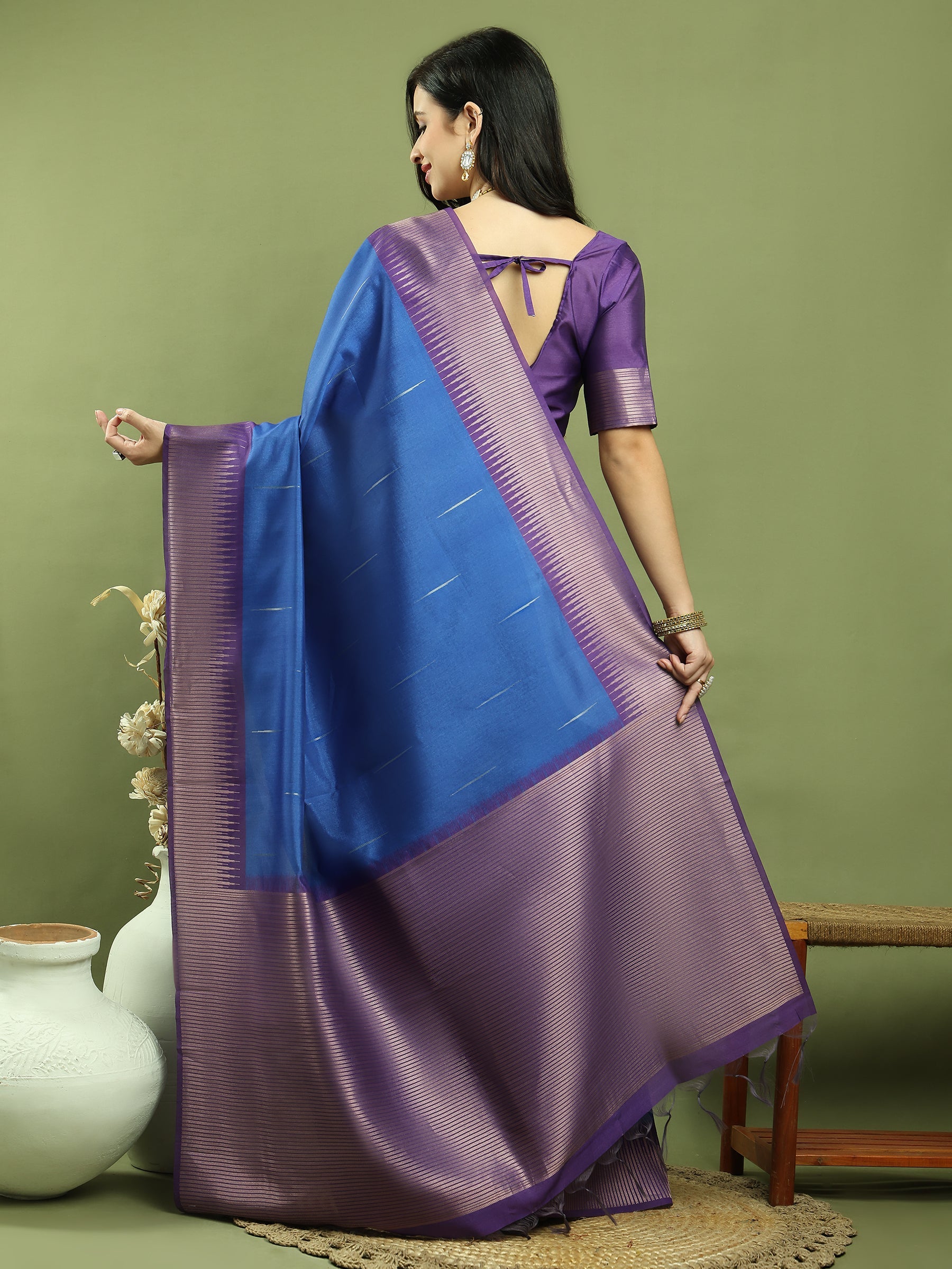 Jyoti Fashion Women's Blue Silk Blend Ikat Jari Weaving Pattern with Jari Border Saree with Blouse | Grocsy