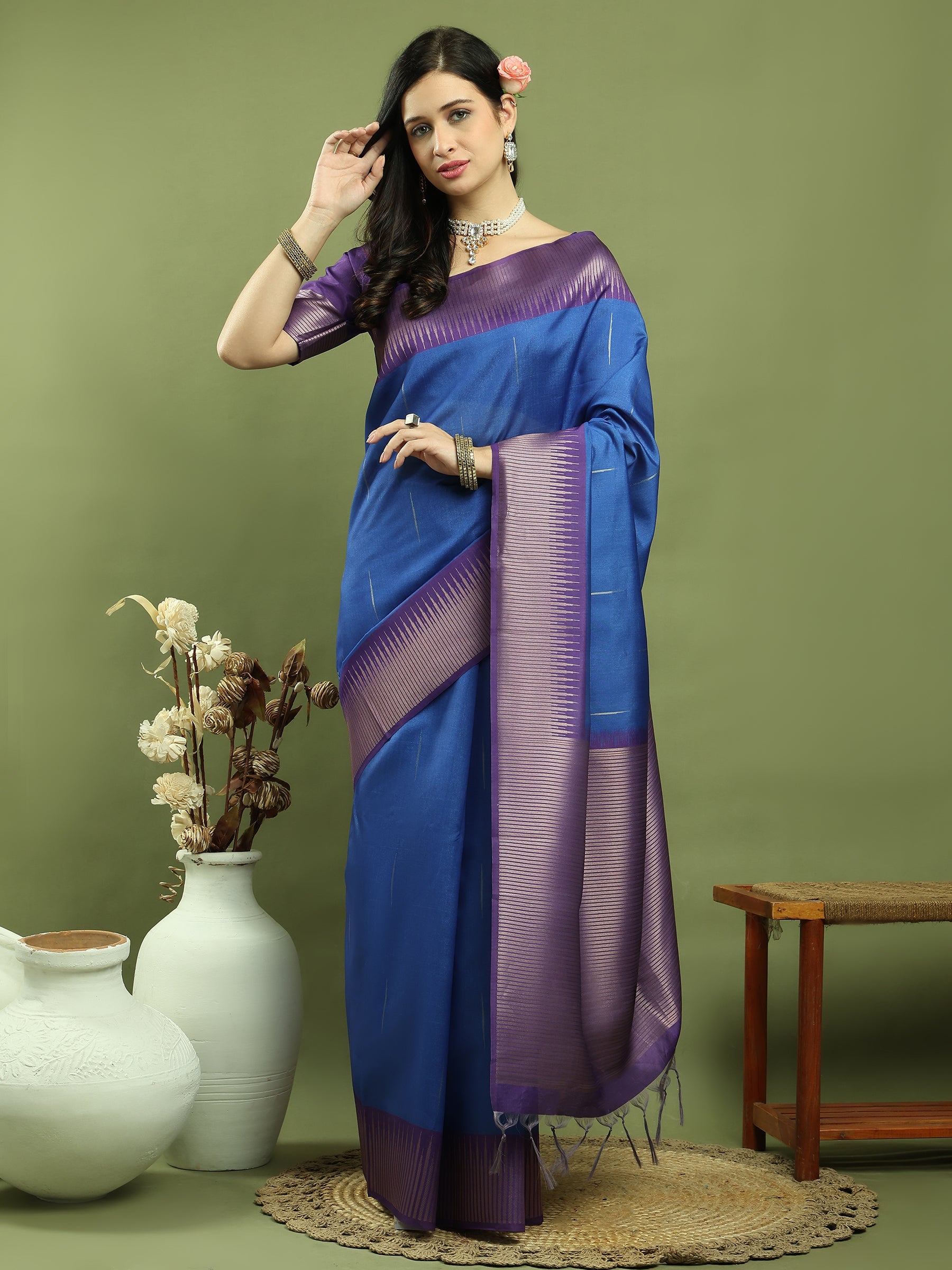 Jyoti Fashion Women's Blue Silk Blend Ikat Jari Weaving Pattern with Jari Border Saree with Blouse | Grocsy