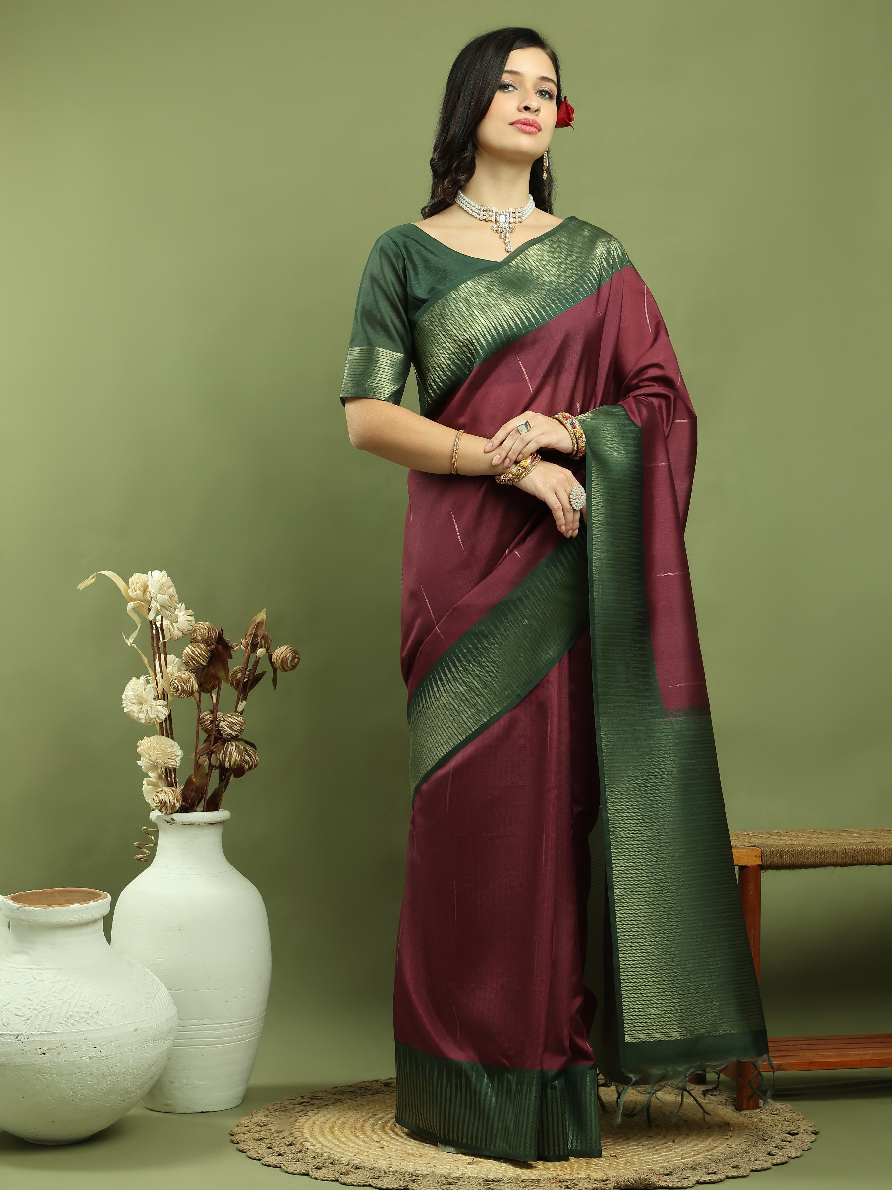 Jyoti Fashion Women's Burgundy Silk Blend Ikat Jari Weaving Pattern with Jari Border Saree with Blouse | Grocsy