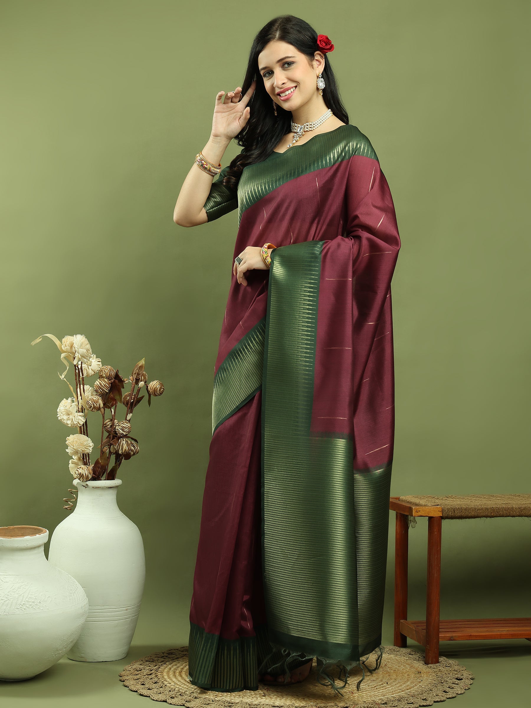 Jyoti Fashion Women's Burgundy Silk Blend Ikat Jari Weaving Pattern with Jari Border Saree with Blouse | Grocsy
