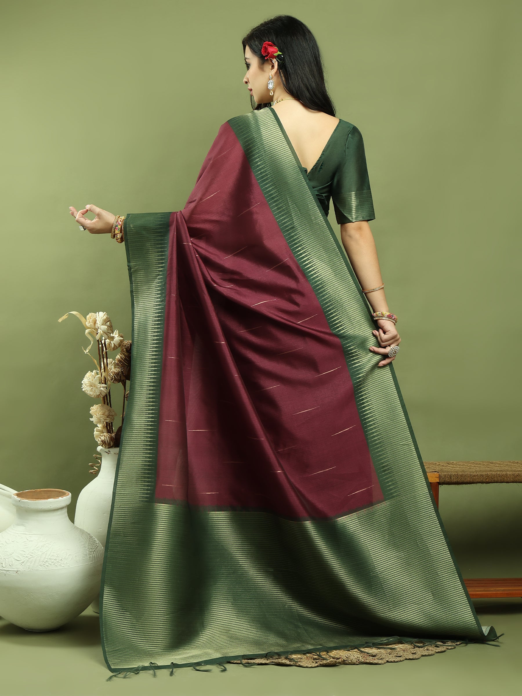 Jyoti Fashion Women's Burgundy Silk Blend Ikat Jari Weaving Pattern with Jari Border Saree with Blouse | Grocsy