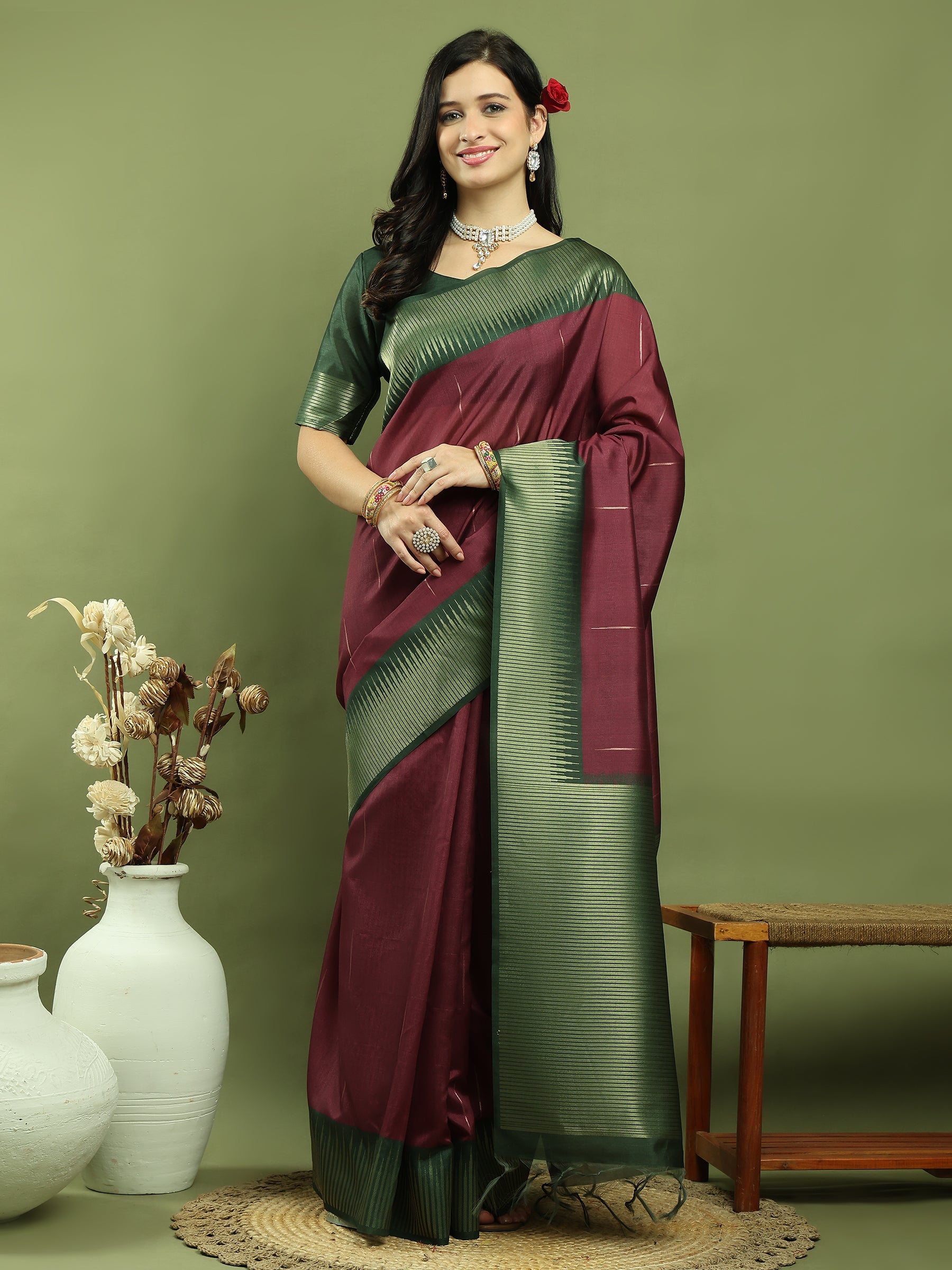 Jyoti Fashion Women's Burgundy Silk Blend Ikat Jari Weaving Pattern with Jari Border Saree with Blouse | Grocsy