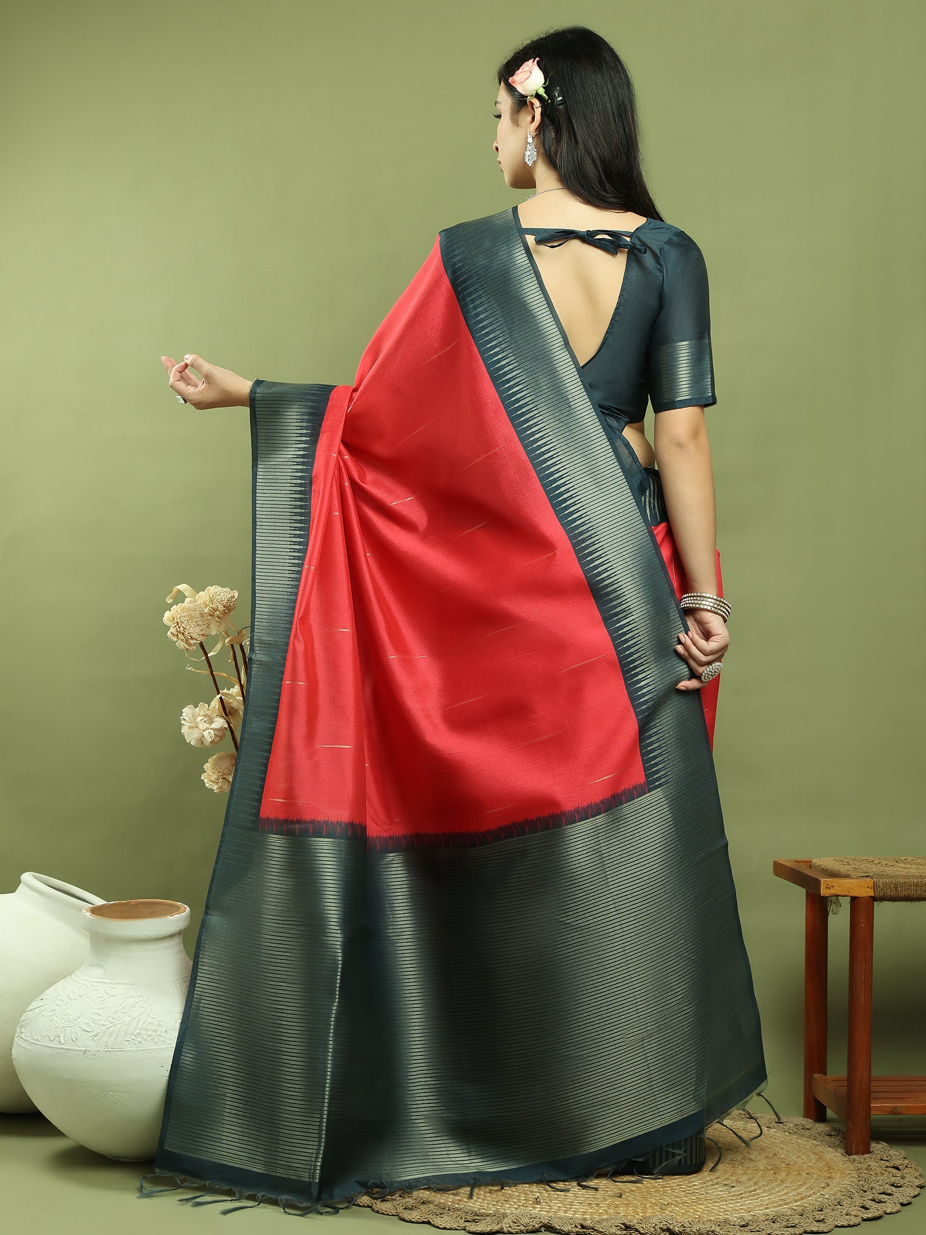 Jyoti Fashion Women's Red Silk Blend Ikat Jari Weaving Pattern with Jari Border Saree with Blouse | Grocsy