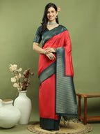 Jyoti Fashion Women's Red Silk Blend Ikat Jari Weaving Pattern with Jari Border Saree with Blouse | Grocsy