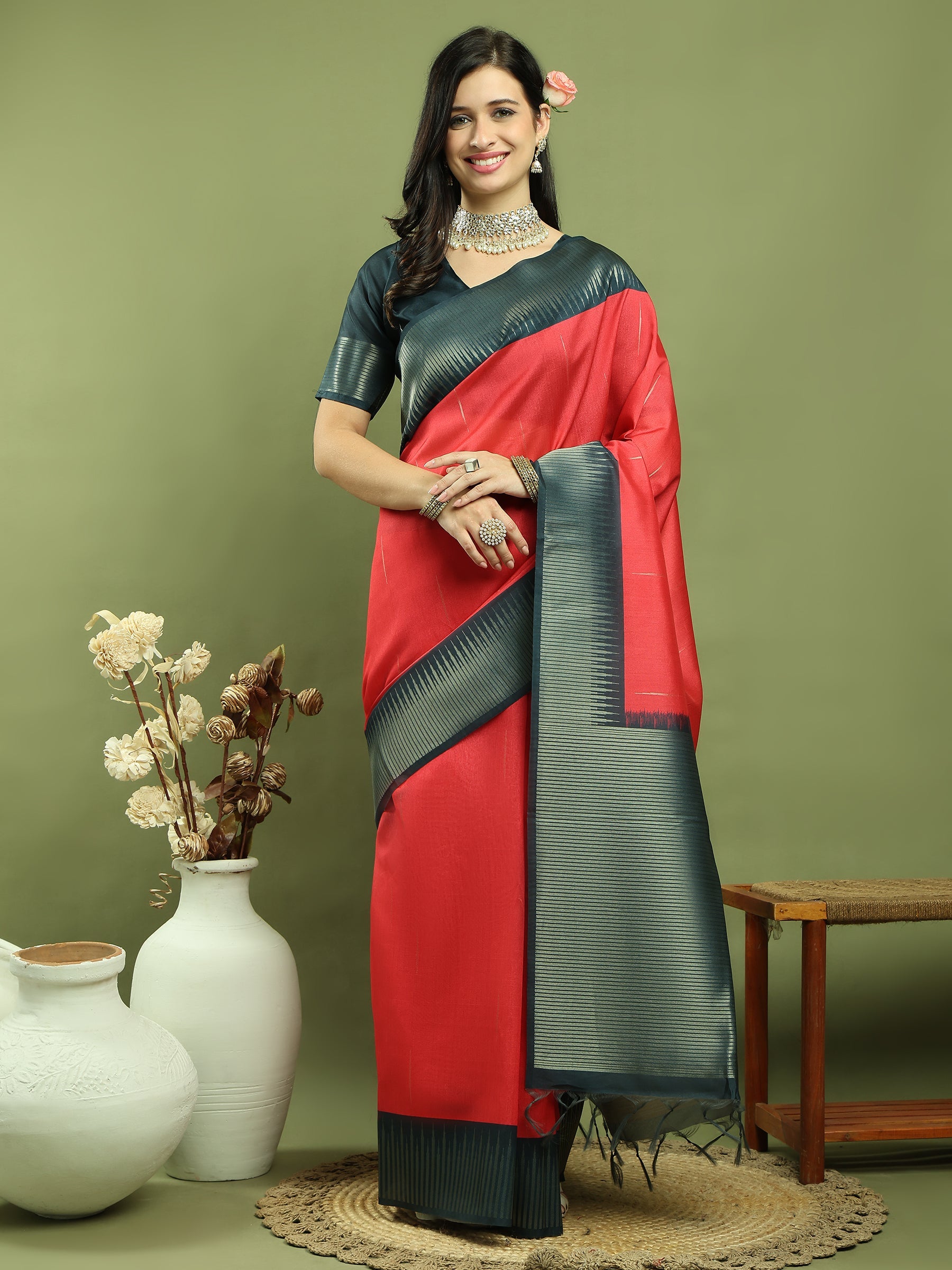 Jyoti Fashion Women's Red Silk Blend Ikat Jari Weaving Pattern with Jari Border Saree with Blouse | Grocsy