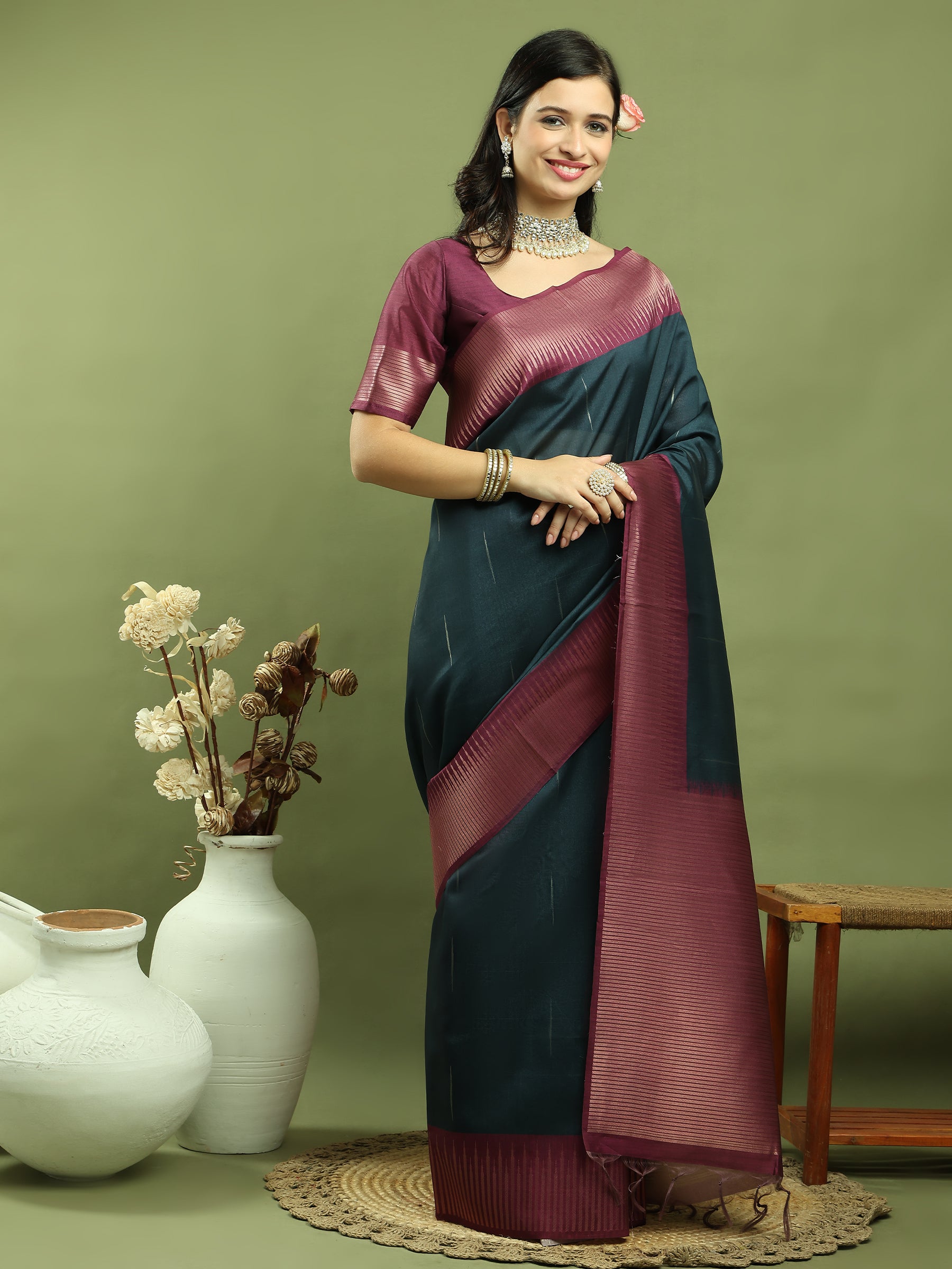 Jyoti Fashion Women's Teal Silk Blend Ikat Jari Weaving Pattern with Jari Border Saree with Blouse | Grocsy