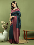 Jyoti Fashion Women's Teal Silk Blend Ikat Jari Weaving Pattern with Jari Border Saree with Blouse | Grocsy