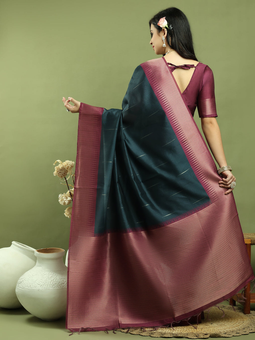 Jyoti Fashion Women's Teal Silk Blend Ikat Jari Weaving Pattern with Jari Border Saree with Blouse | Grocsy