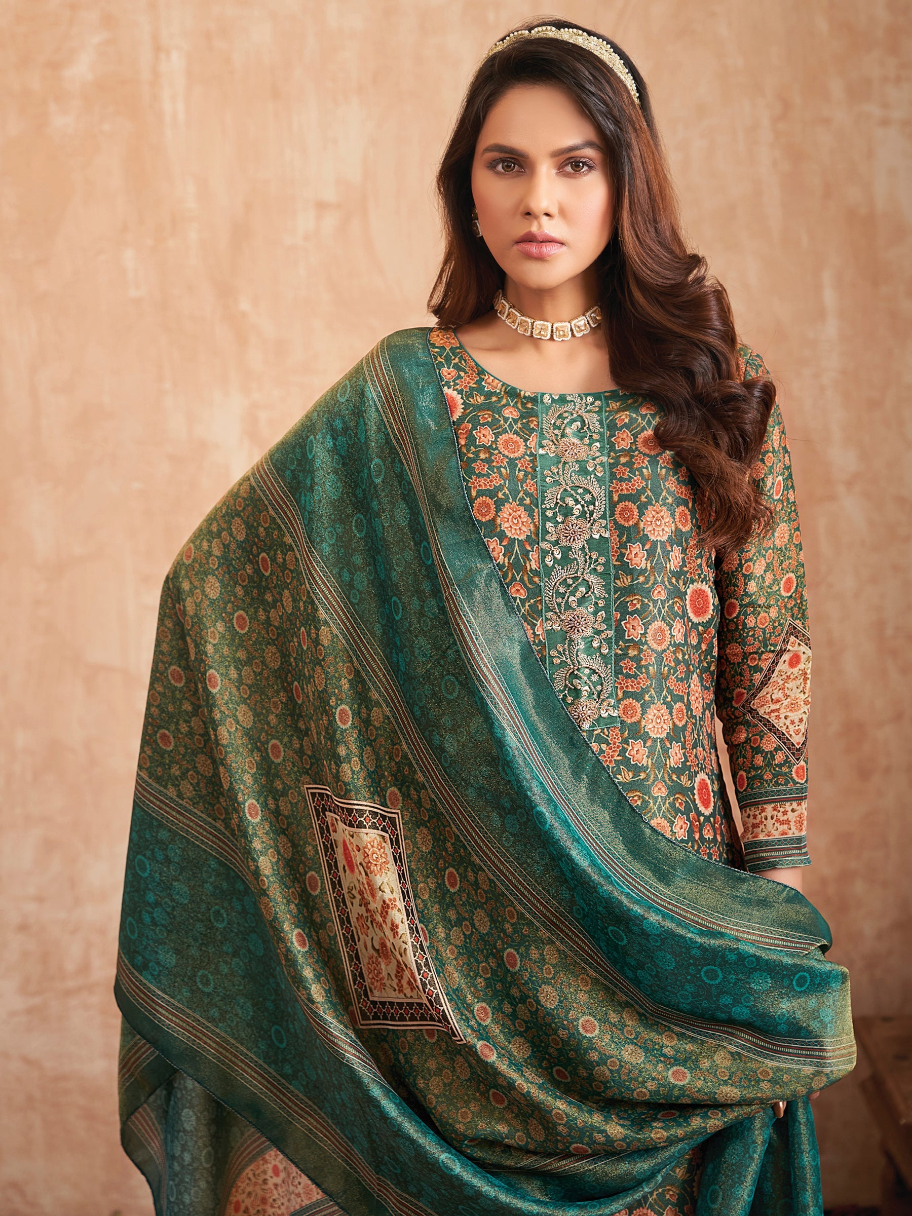 Jyoti Fashion Women's Green Pure Tissue Shimmer Floral Digital Print With Zardoshi Hand Work Salwar Suit Set | Grocsy