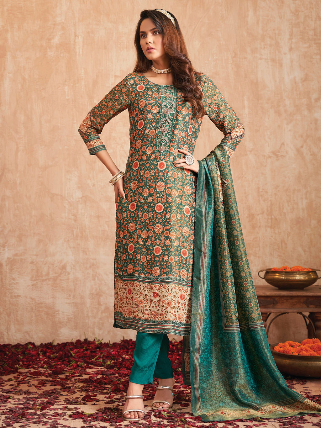 Jyoti Fashion Women's Green Pure Tissue Shimmer Floral Digital Print With Zardoshi Hand Work Salwar Suit Set | Grocsy