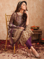 Jyoti Fashion Women's Purple Pure Tissue Shimmer Floral Digital Print With Zardoshi Hand Work Salwar Suit Set | Grocsy