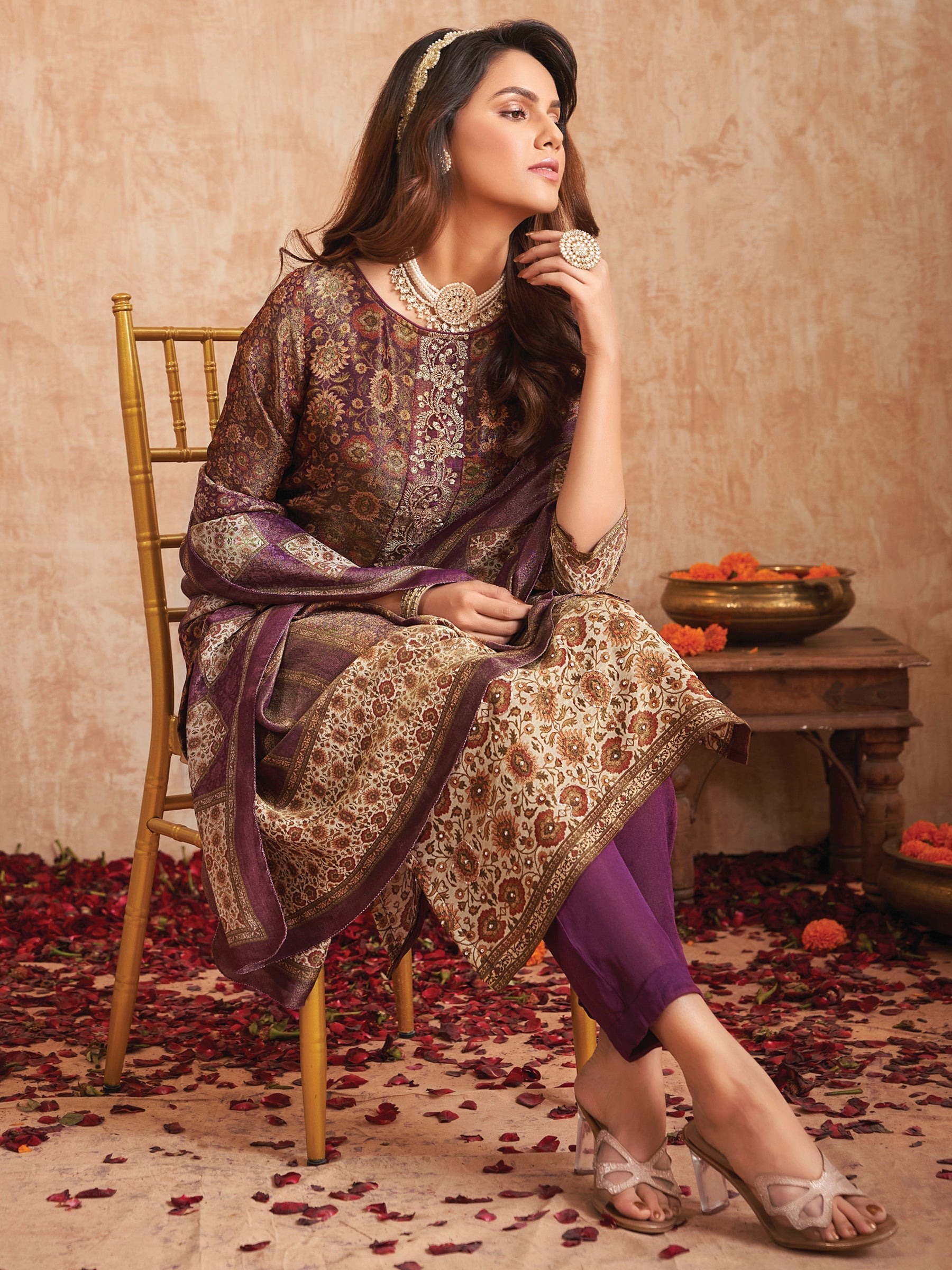 Jyoti Fashion Women's Purple Pure Tissue Shimmer Floral Digital Print With Zardoshi Hand Work Salwar Suit Set | Grocsy