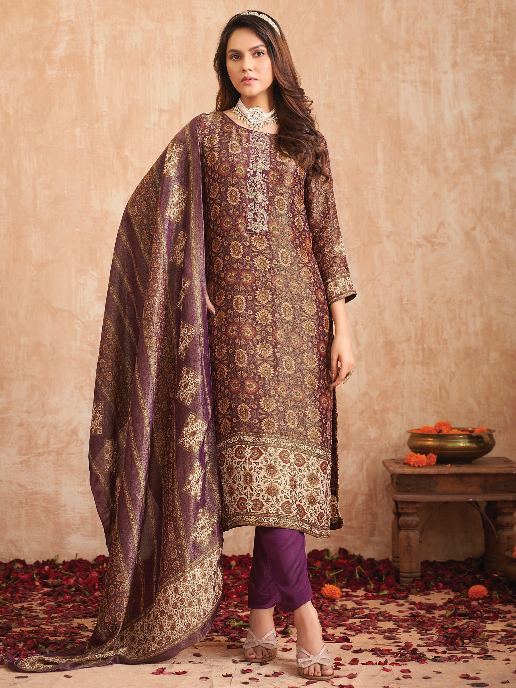 Jyoti Fashion Women's Purple Pure Tissue Shimmer Floral Digital Print With Zardoshi Hand Work Salwar Suit Set | Grocsy