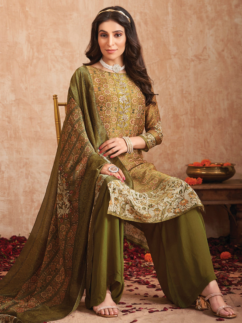 Jyoti Fashion Women's Olive Green Pure Tissue Shimmer Floral Digital Print With Zardoshi Hand Work Salwar Suit Set | Grocsy