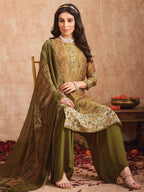 Jyoti Fashion Women's Olive Green Pure Tissue Shimmer Floral Digital Print With Zardoshi Hand Work Salwar Suit Set | Grocsy