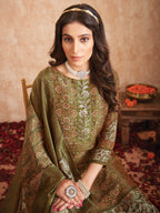 Jyoti Fashion Women's Olive Green Pure Tissue Shimmer Floral Digital Print With Zardoshi Hand Work Salwar Suit Set | Grocsy