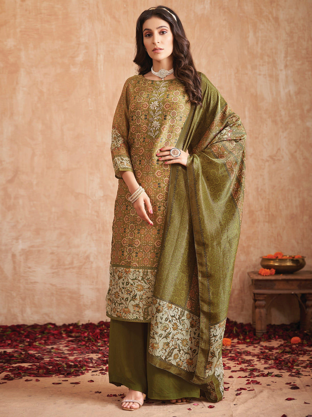 Jyoti Fashion Women's Olive Green Pure Tissue Shimmer Floral Digital Print With Zardoshi Hand Work Salwar Suit Set | Grocsy