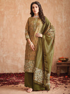 Jyoti Fashion Women's Olive Green Pure Tissue Shimmer Floral Digital Print With Zardoshi Hand Work Salwar Suit Set | Grocsy