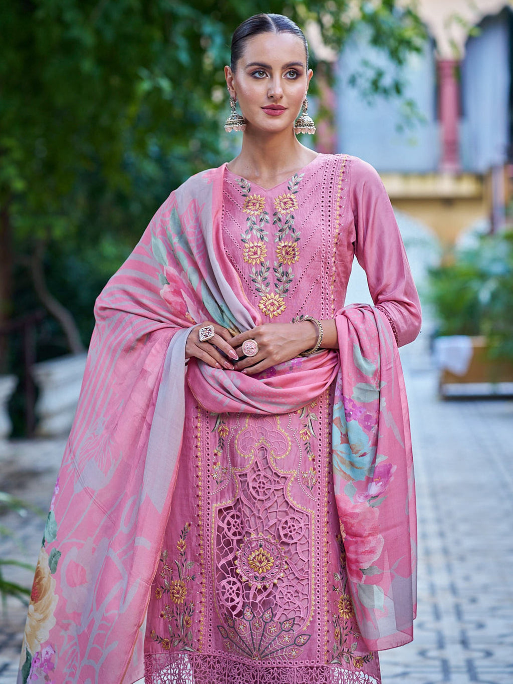 Jyoti Fashion Women's Pink Muslin Resham Thread with Jari & Cut Work Salwar Suit Set | Grocsy