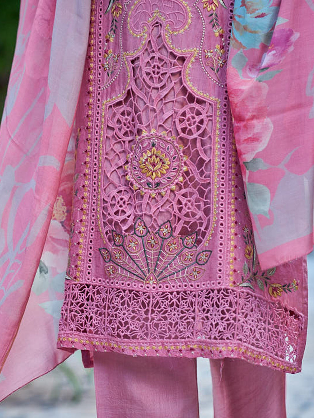 Jyoti Fashion Women's Pink Muslin Resham Thread with Jari & Cut Work Salwar Suit Set | Grocsy