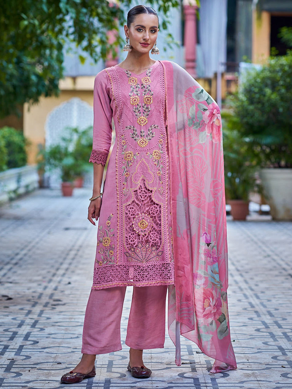 Jyoti Fashion Women's Pink Muslin Resham Thread with Jari & Cut Work Salwar Suit Set | Grocsy