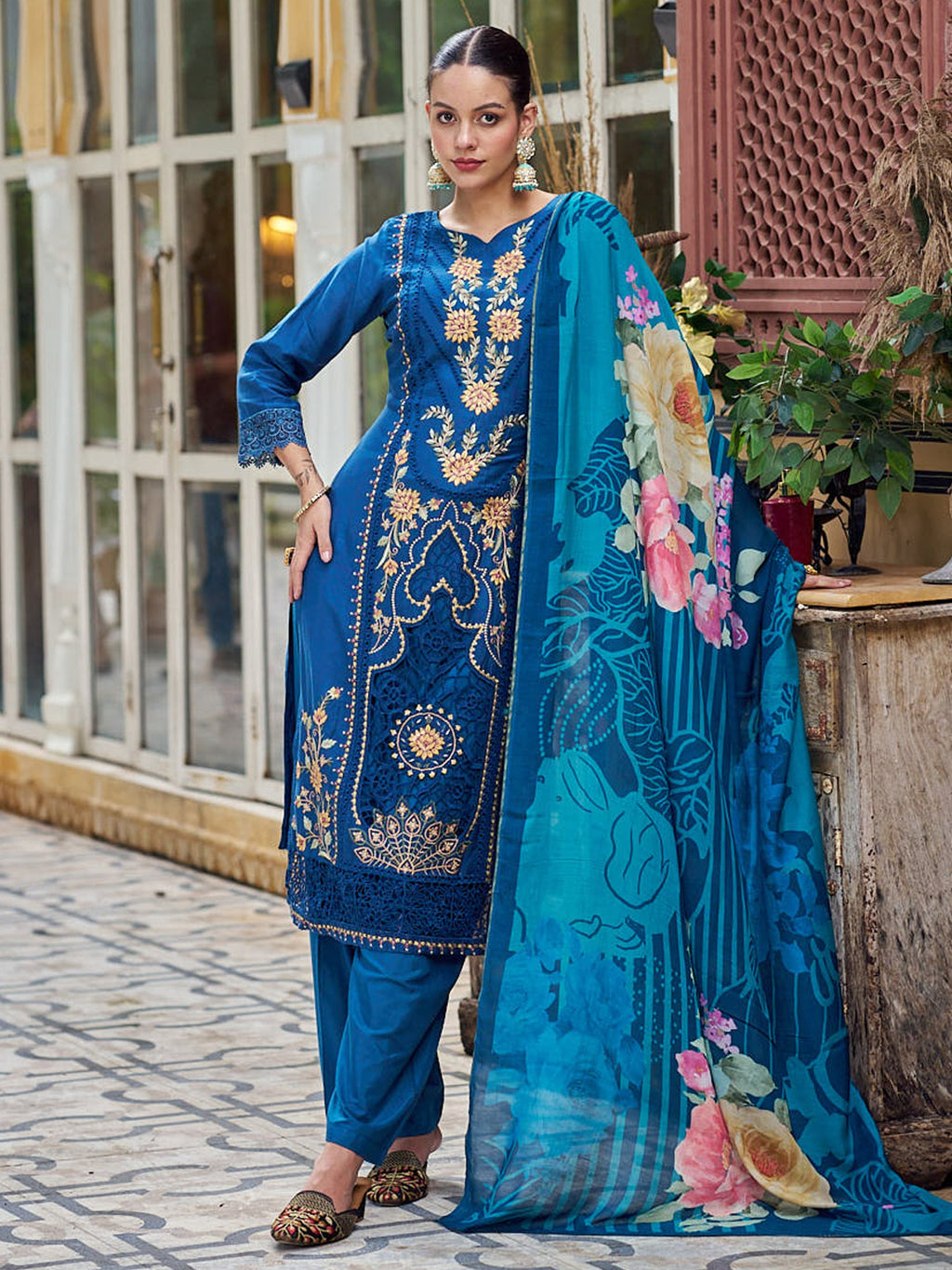 Jyoti Fashion Women's Navy Blue Muslin Resham Thread with Jari & Cut Work Salwar Suit Set | Grocsy