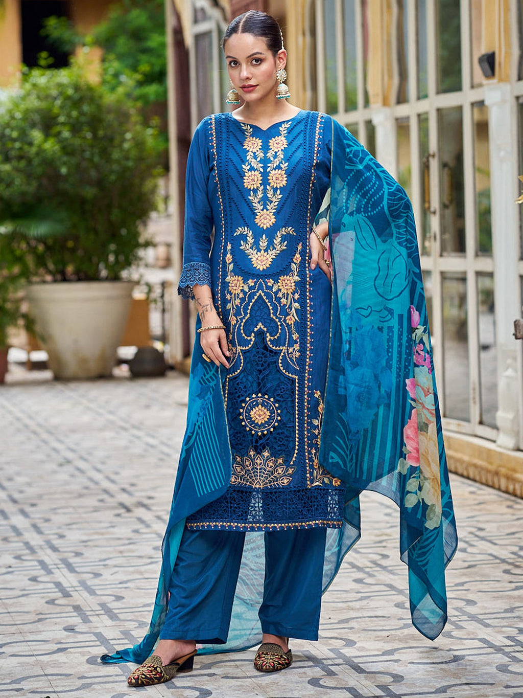 Jyoti Fashion Women's Navy Blue Muslin Resham Thread with Jari & Cut Work Salwar Suit Set | Grocsy