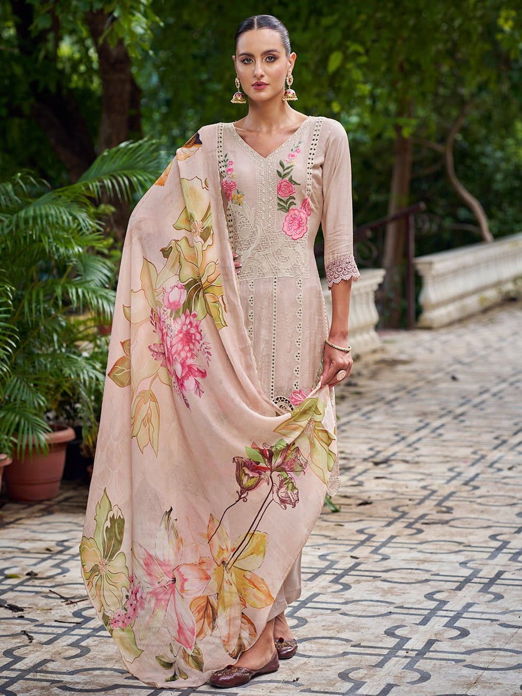 Jyoti Fashion Women's Beige Muslin Resham Thread with Jari & Cut Work Salwar Suit Set | Grocsy