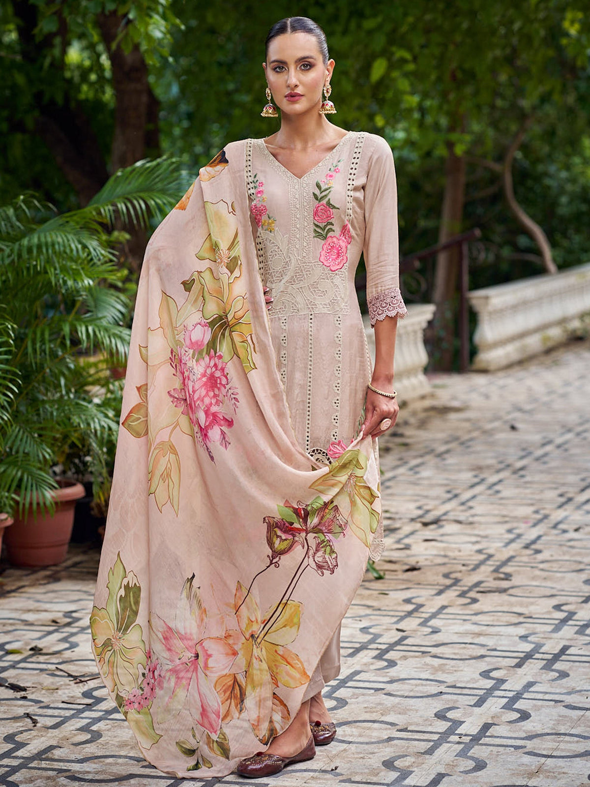 Jyoti Fashion Women's Beige Muslin Resham Thread with Jari & Cut Work Salwar Suit Set | Grocsy