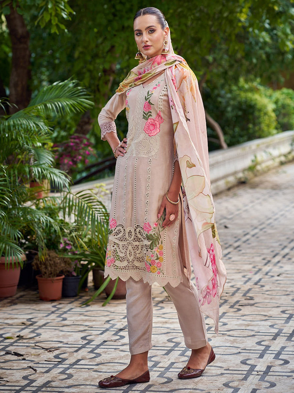 Jyoti Fashion Women's Beige Muslin Resham Thread with Jari & Cut Work Salwar Suit Set | Grocsy