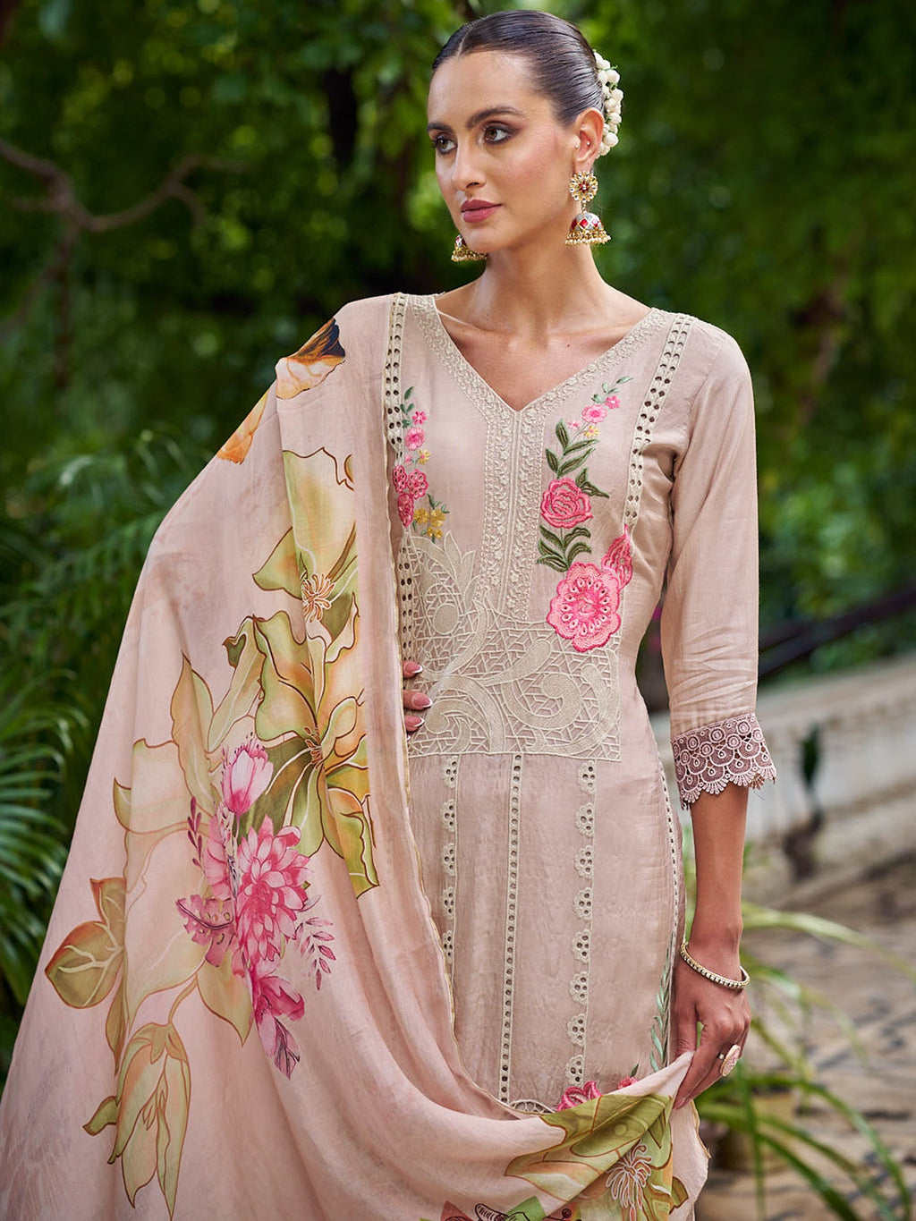 Jyoti Fashion Women's Beige Muslin Resham Thread with Jari & Cut Work Salwar Suit Set | Grocsy