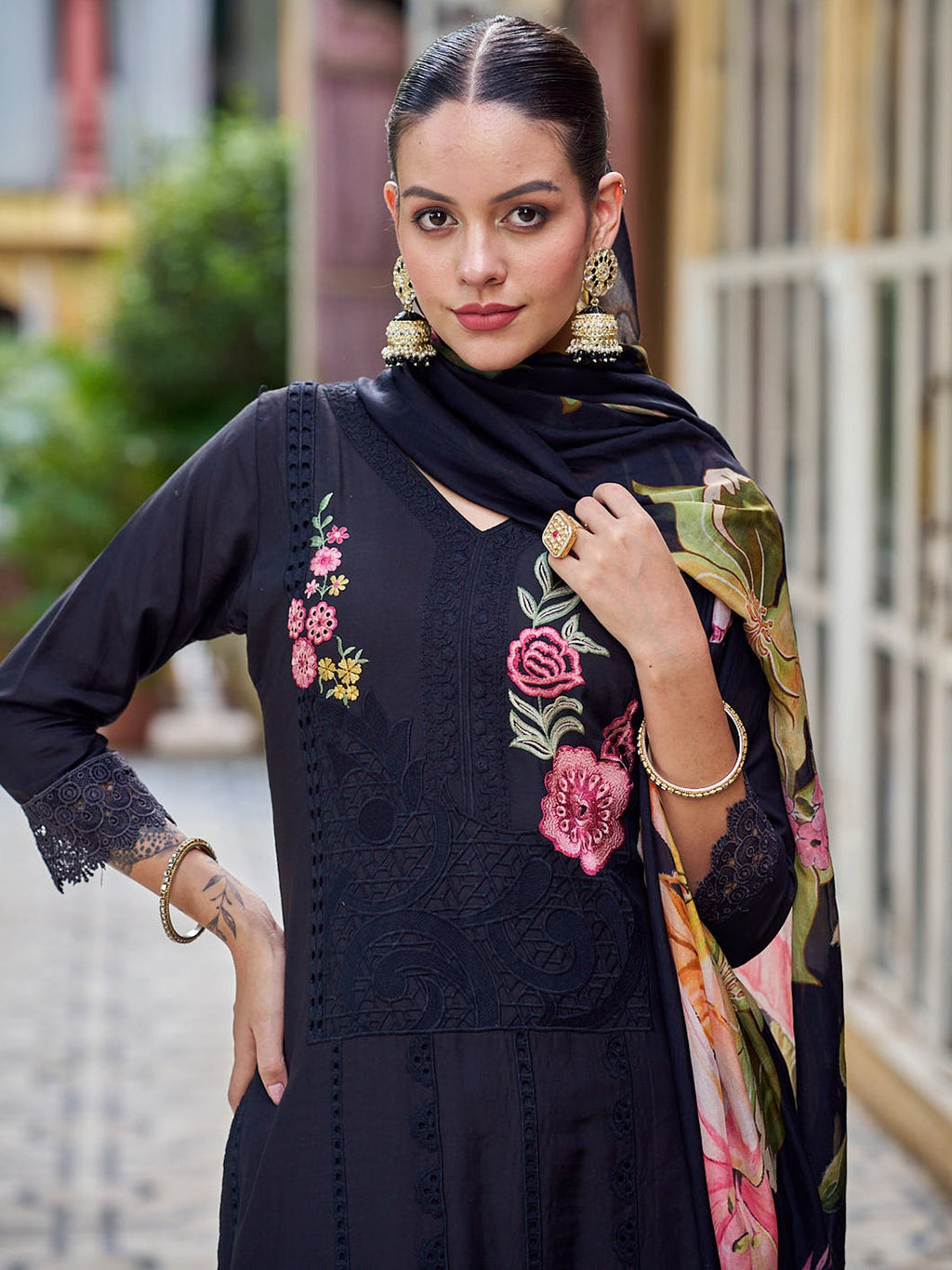 Jyoti Fashion Women's Black Muslin Resham Thread with Jari & Cut Work Salwar Suit Set | Grocsy