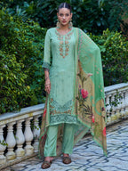 Jyoti Fashion Women's Green Muslin Resham Thread with Jari & Cut Work Salwar Suit Set | Grocsy