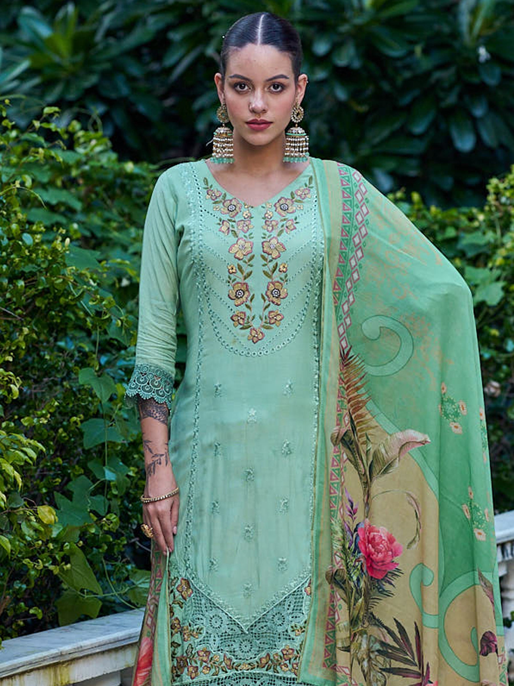 Jyoti Fashion Women's Green Muslin Resham Thread with Jari & Cut Work Salwar Suit Set | Grocsy