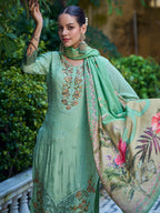Jyoti Fashion Women's Green Muslin Resham Thread with Jari & Cut Work Salwar Suit Set | Grocsy