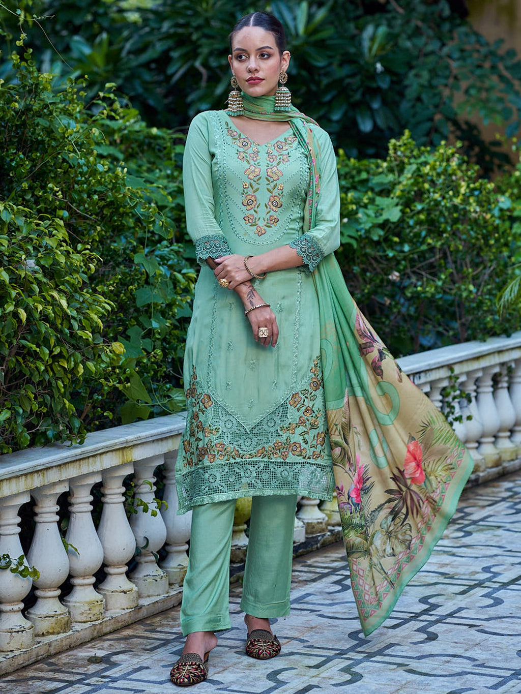 Jyoti Fashion Women's Green Muslin Resham Thread with Jari & Cut Work Salwar Suit Set | Grocsy