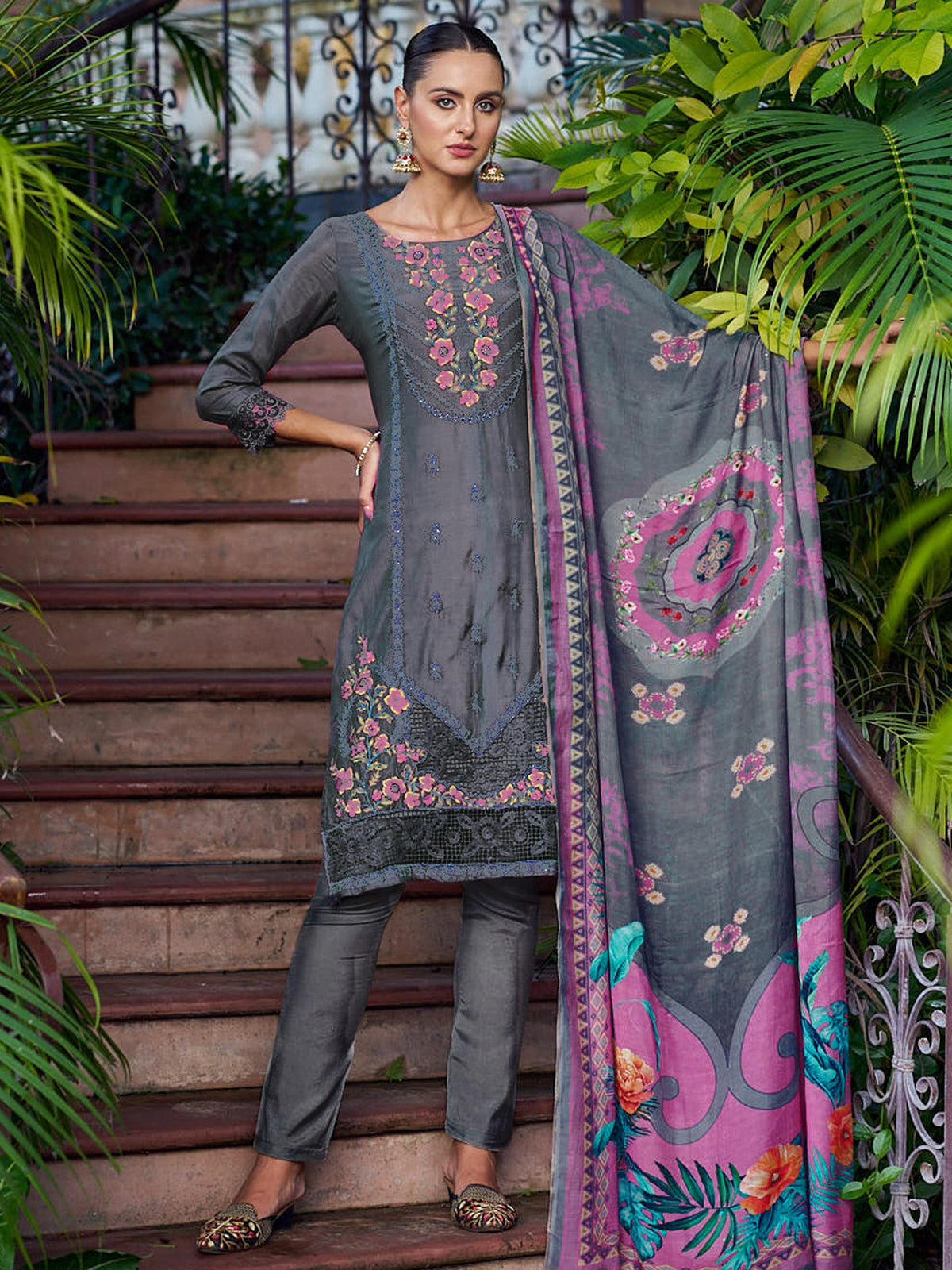 Jyoti Fashion Women's Grey Muslin Resham Thread with Jari & Cut Work Salwar Suit Set | Grocsy