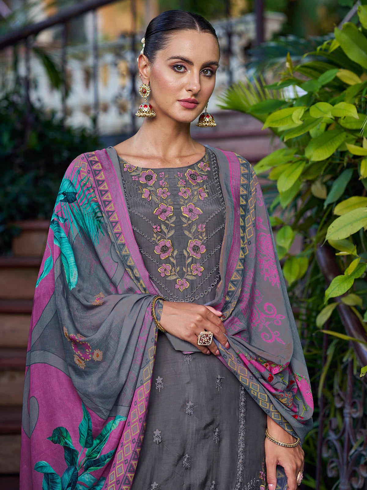 Jyoti Fashion Women's Grey Muslin Resham Thread with Jari & Cut Work Salwar Suit Set | Grocsy