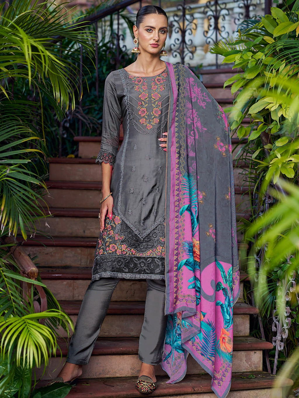 Jyoti Fashion Women's Grey Muslin Resham Thread with Jari & Cut Work Salwar Suit Set | Grocsy