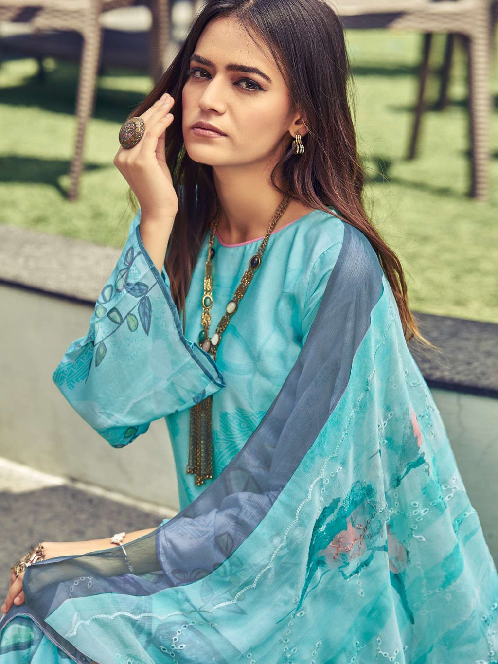 Jyoti Fashion Women's Turquoise Muslin Floral Digital Print with Sequins Work Salwar Suit Set | Grocsy
