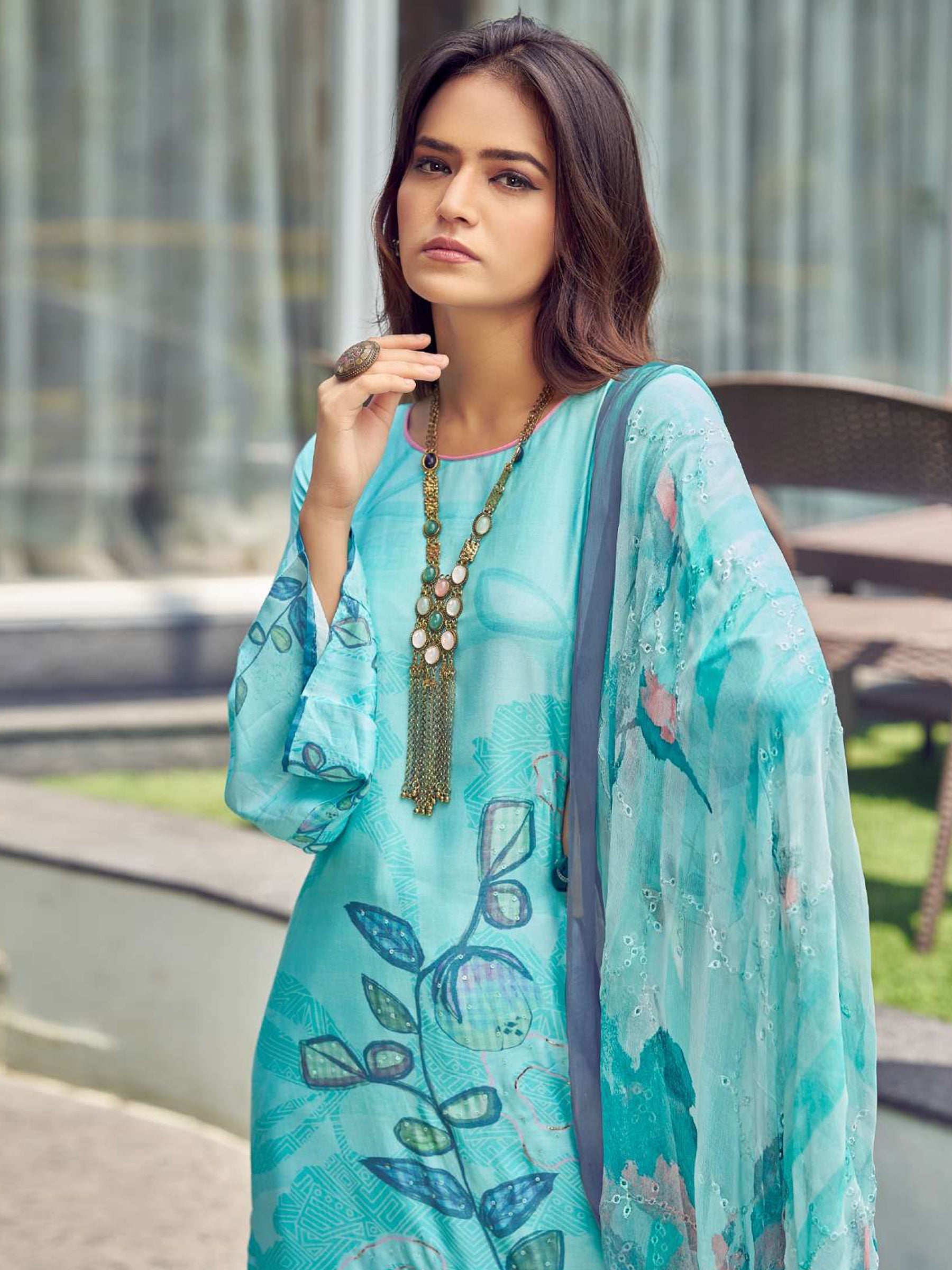 Jyoti Fashion Women's Turquoise Muslin Floral Digital Print with Sequins Work Salwar Suit Set | Grocsy