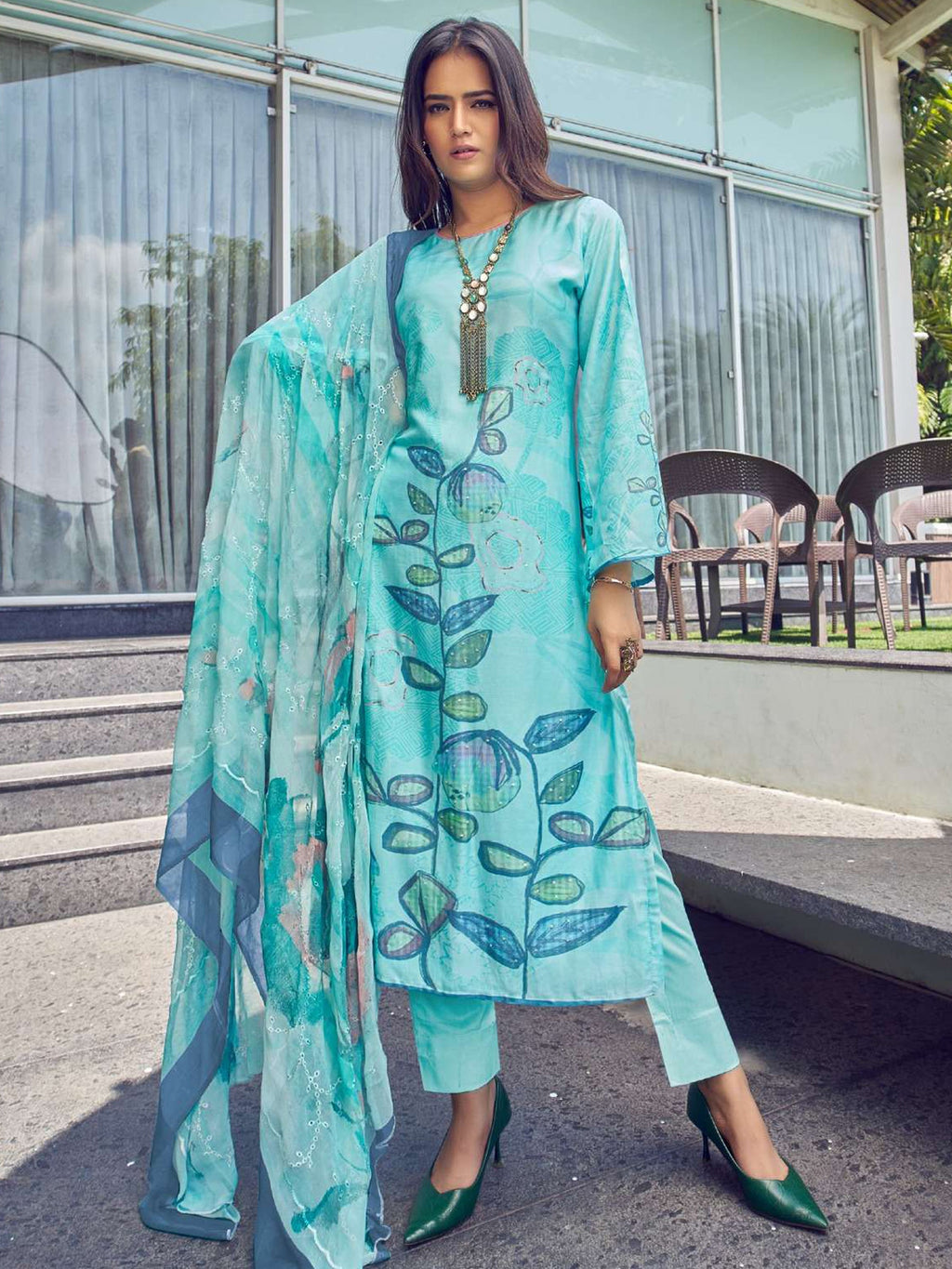 Jyoti Fashion Women's Turquoise Muslin Floral Digital Print with Sequins Work Salwar Suit Set | Grocsy