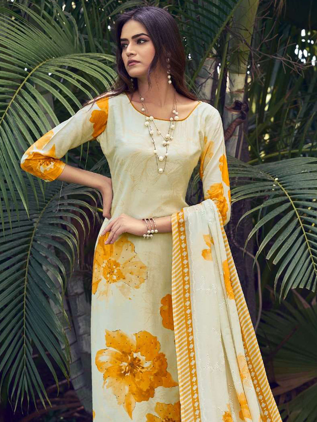 Jyoti Fashion Women's Cream Muslin Floral Digital Print with Sequins Work Salwar Suit Set | Grocsy