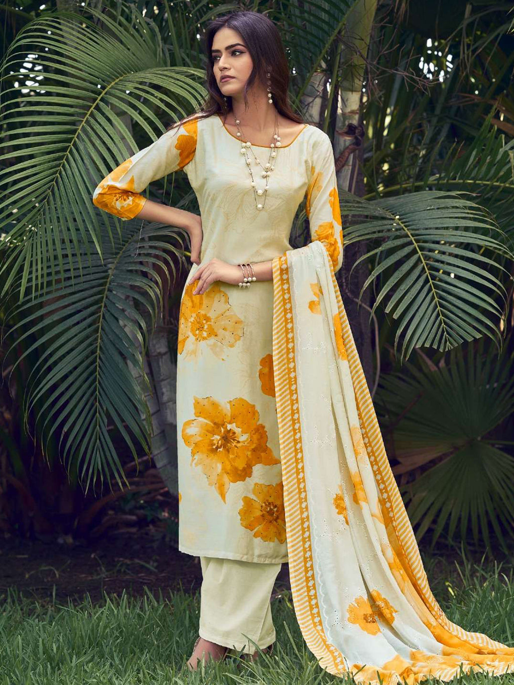 Jyoti Fashion Women's Cream Muslin Floral Digital Print with Sequins Work Salwar Suit Set | Grocsy