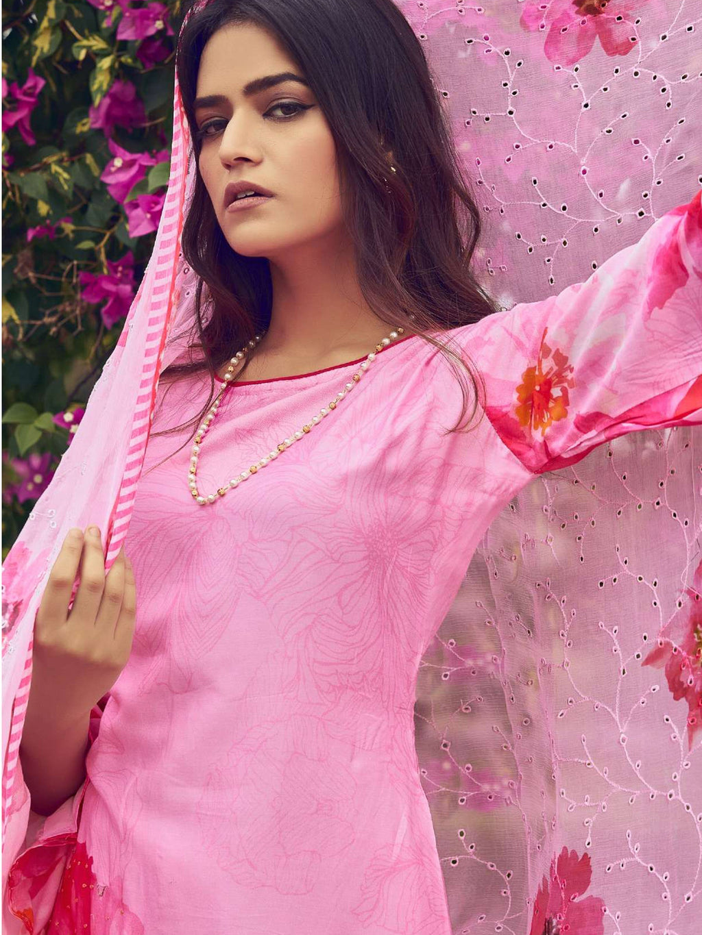 Jyoti Fashion Women's Pink Muslin Floral Digital Print with Sequins Work Salwar Suit Set | Grocsy