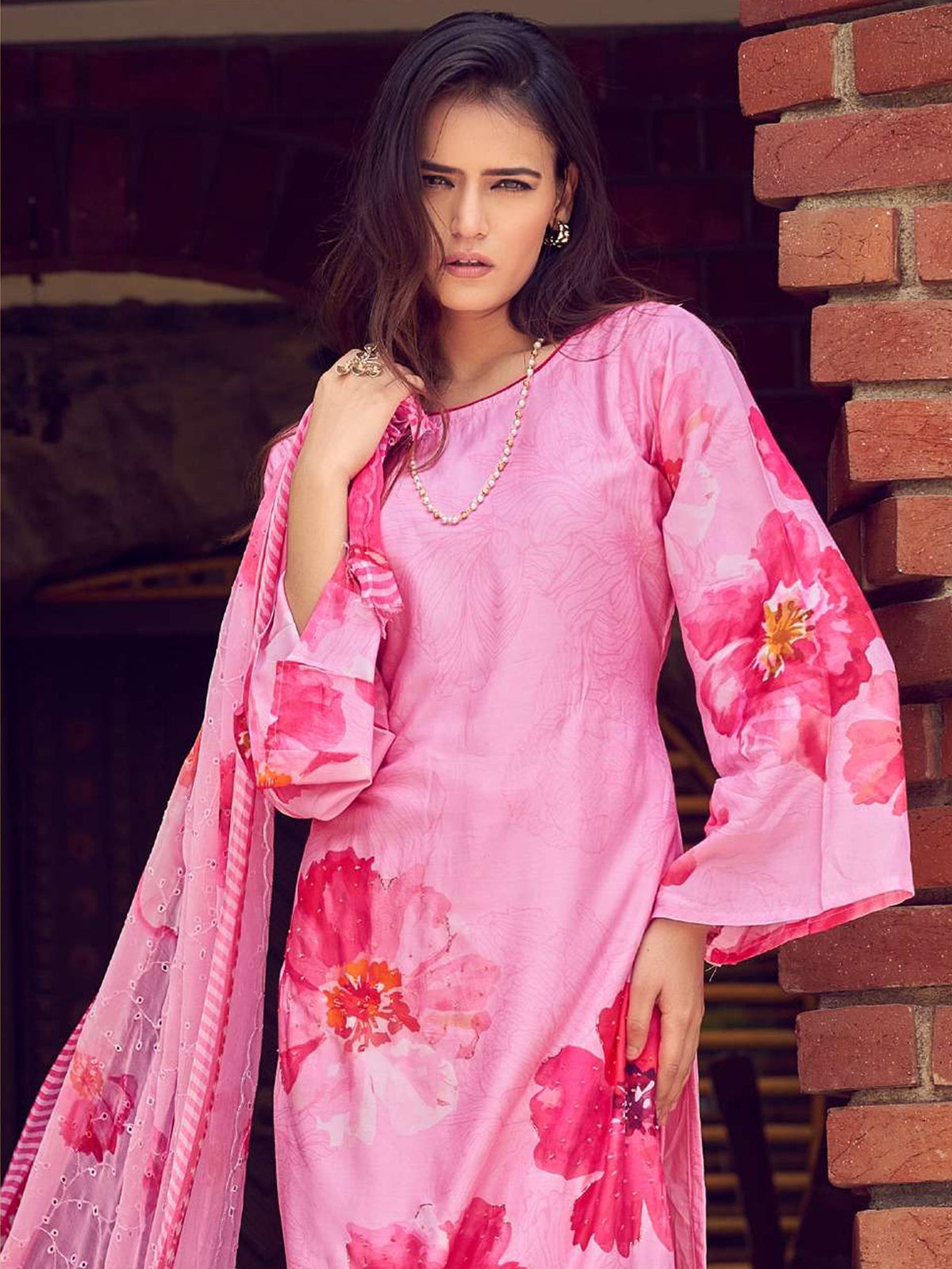 Jyoti Fashion Women's Pink Muslin Floral Digital Print with Sequins Work Salwar Suit Set | Grocsy